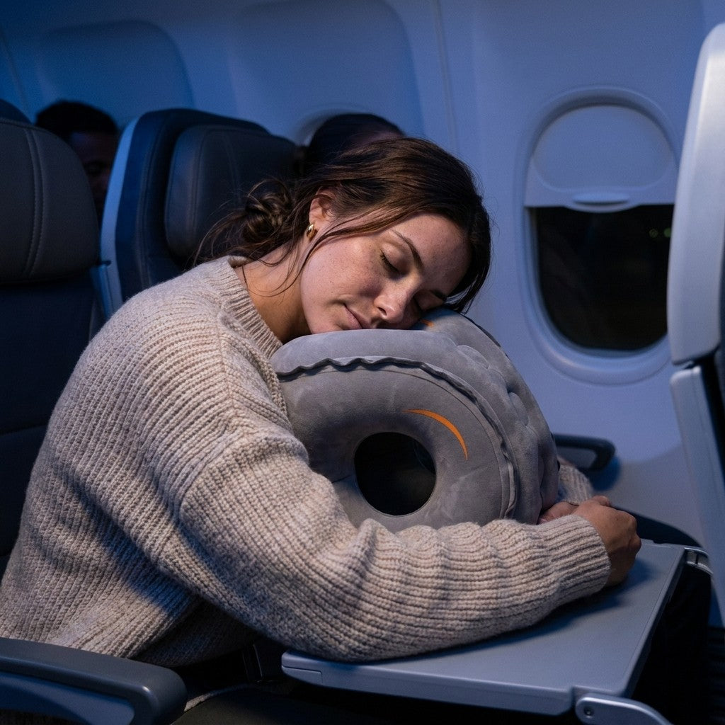 Woman asleep face-down on the NapTray pillow on an airplane tray table at night