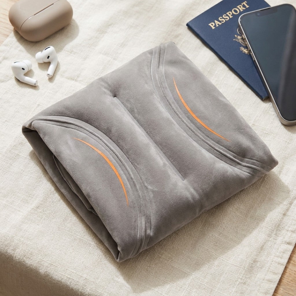 NapTray pillow deflated and folded flat next to a passport