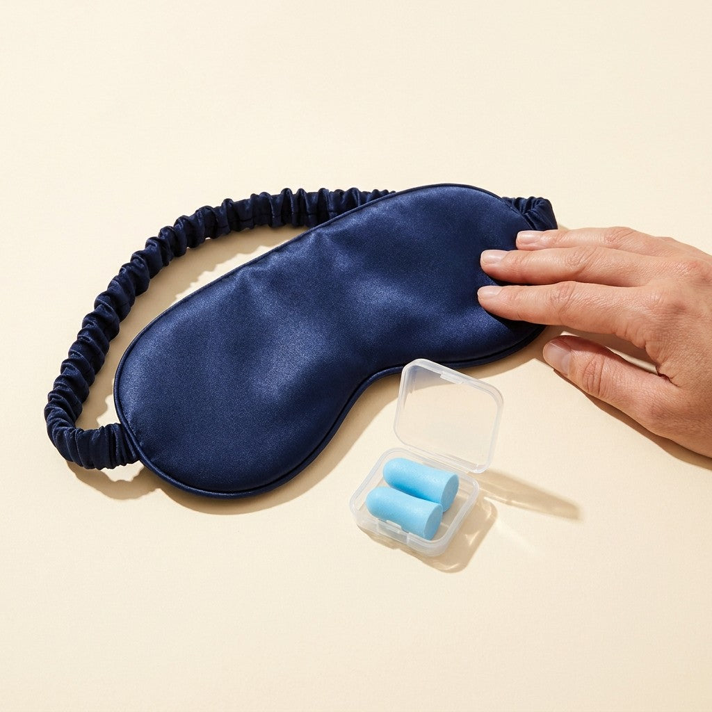 Navy silk sleep mask and foam earplugs in a case