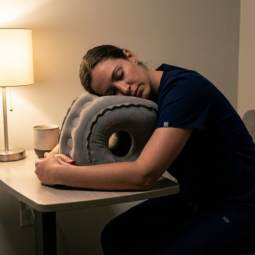 Night-shift nurse napping face-down on the NapTray pillow on a break