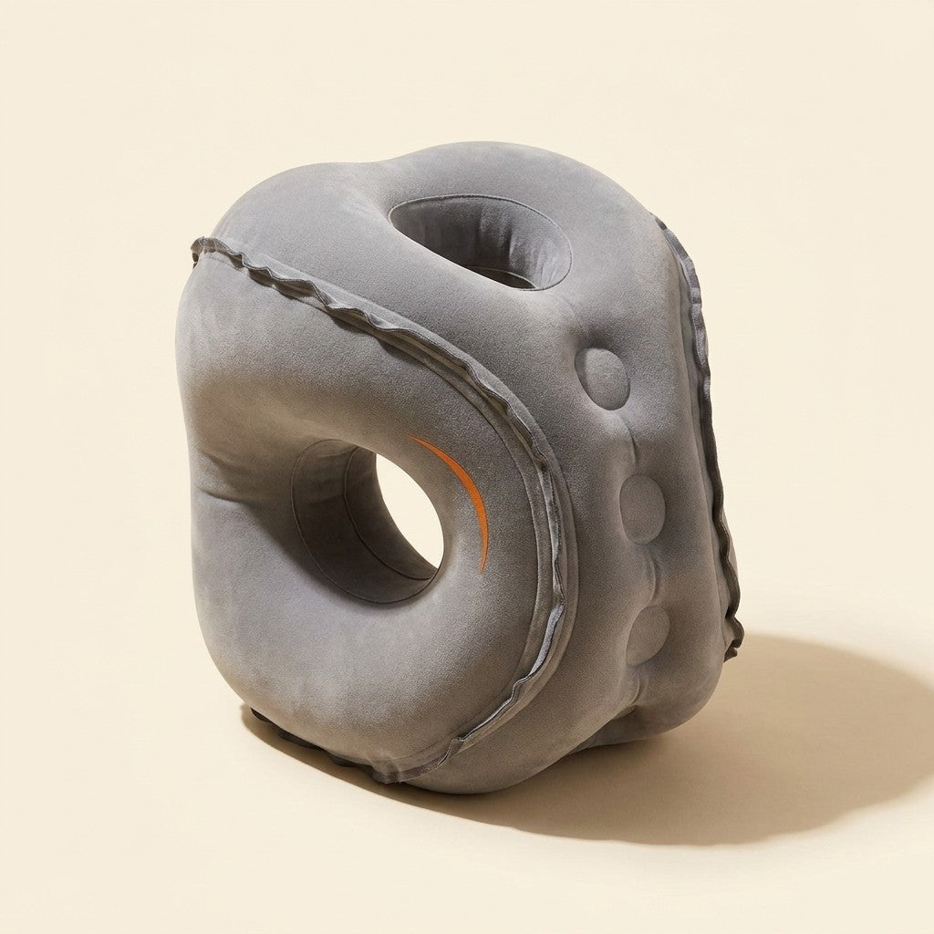 NapTray grey inflatable face-down travel pillow with a soft face ring