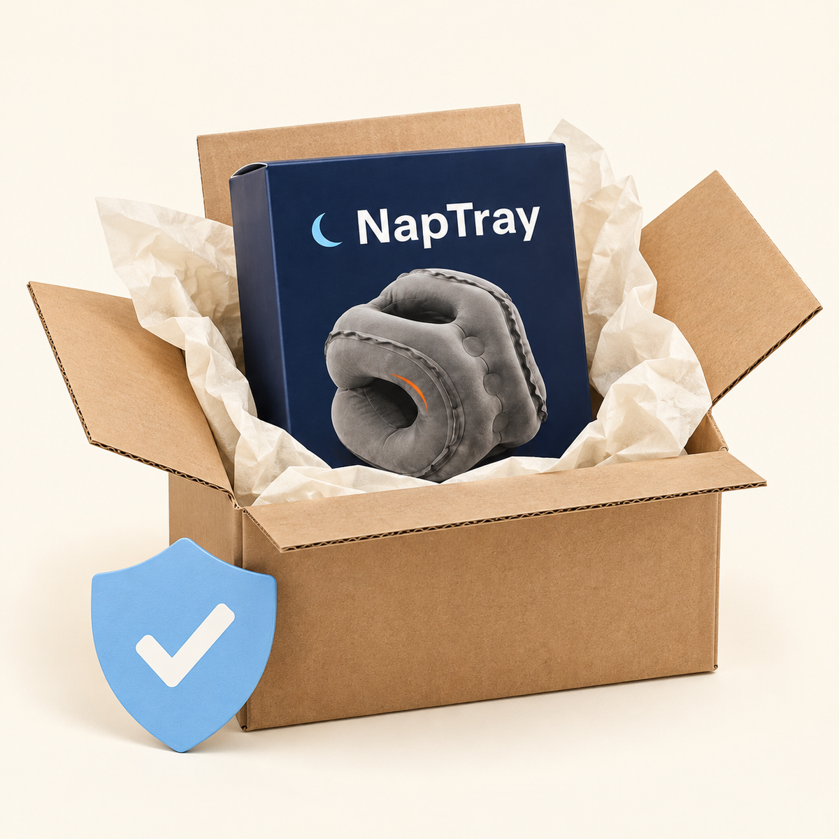 NapTray shipping protection service, illustrated with its securely packed navy box